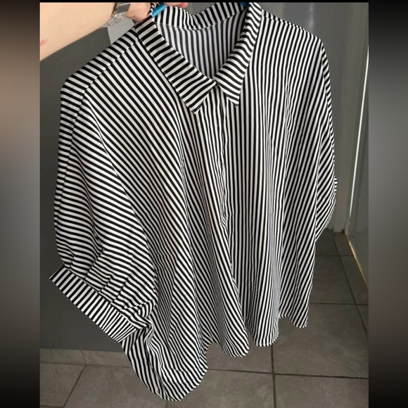 Classic Oversized Loose Fit Stripe Batwing Sleeve Button Down Shirt Top Blouse - Picture 12 of 14